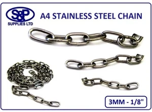 3mm - 1/8" A4 GR316 MARINE GRADE STAINLESS STEEL CHAIN, ANTI CORROSION ST/STEEL - Picture 1 of 4