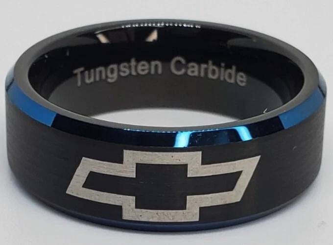ANILLO CHEVROLET CHEVY ALIANZA DE BODA NEGRO Y AZUL 8 MM ANILLO DE BODAS TUNGSTENO Talla 11 Foto 1 de 1