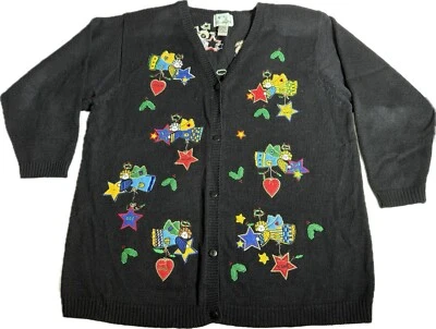Vintage Quacker Factory Woman 2X Black Christmas Cardigan Angels Wishes Appliqué - Image 1 of 4
