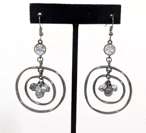 Gray Metallic Faux Pearl Round Circle Charm Rhinestone Statement Earrings - Picture 1 of 8