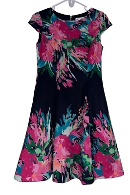 Eliza J Floral Cap Sleeve Fit & Flare Scuba Dress Sz 4P Navy Pink - Image 1 of 4