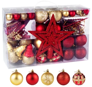 Weihnachtskugeln Rot Gold Kunststoff mit Baumspitze Stern Baumkugeln 100 Stück - Bild 1 von 9