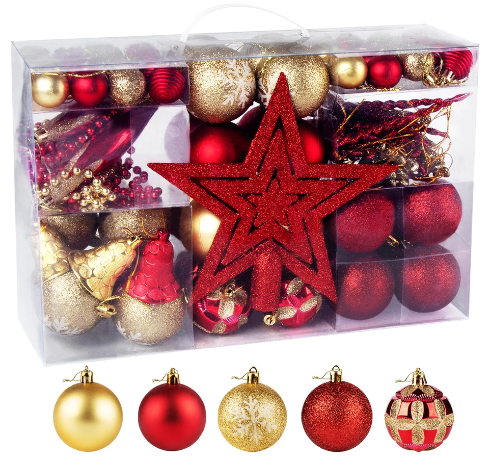 Weihnachtskugeln Rot Gold Kunststoff mit Baumspitze Stern Baumkugeln 100 Stück - Bild 1 von 4