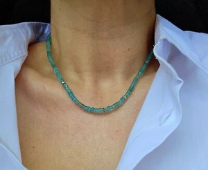 AAA+ Neon Blue Apatite Faceted Square Beaded Necklace Natural Blue Sky Apatite - Picture 1 of 8