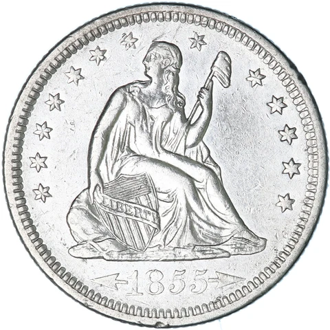 1855 (P) Seated Liberty Quarter 90% Silver Arrows AU Cleaned See Pics F107 Cover