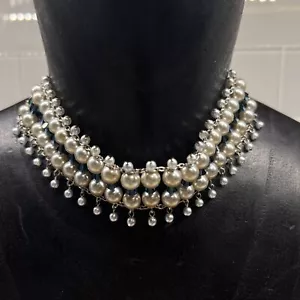 Victorian Pearl & Blue Crystal Beads Multi-strand Lattice Choker Collar Necklace - Picture 1 of 8