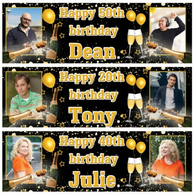 2 Banners de cumpleaños personalizados foto oro champán estrellas globo fiesta cartel Foto 1 de 2