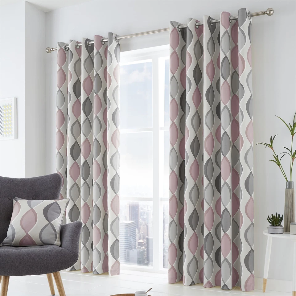 Fusion Lenno Cotton Eyelet Lined Curtains Grey/Blush 90 Inch