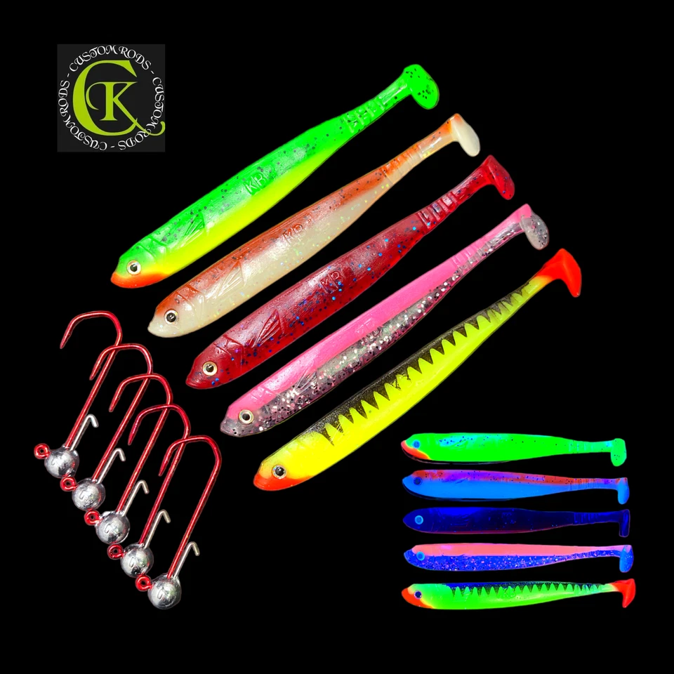 5x5 13cm Gummifisch Starter Set Stin 5x Shad 5x Jigkopf Kauli Zander Barsch 59 - Bild 1 von 1