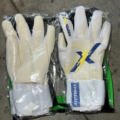 KEEPERMAX GK Gloves - Soccer glove Goal Keeper WHITE BLUE/YELLOW NEW CHOOSE SIZE