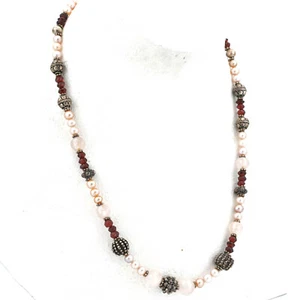 Italienische Kette Collier Rosenquarz Granat Perlen Silberornamente 925er Silber - Picture 1 of 5