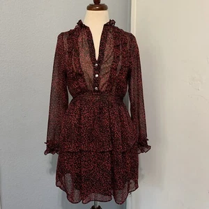 ZARA Boho Long Sleeve Animal Print Burgundy Ruffle Dress Sz Medium Elastic Band - Picture 1 of 8