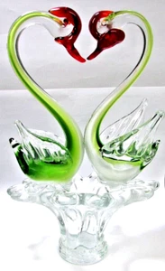 VTG Sommerso Blown Glass Swans Heart Vase Centerpiece Green Murano Italy Large - Picture 1 of 12