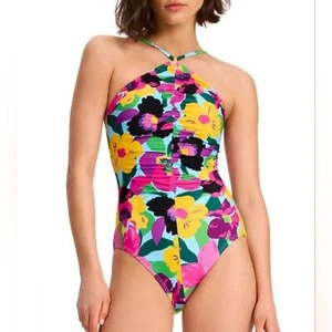 KATE SPADE Women's Orchid Bloom High Neck Rauched One Piece Swimsuit Size M NWT - Picture 1 of 16