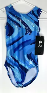 GK Elite NWT Suni Lee CL Child Large Gymnastics Leotard NEW Blue Swirl Sequins - Picture 1 of 5