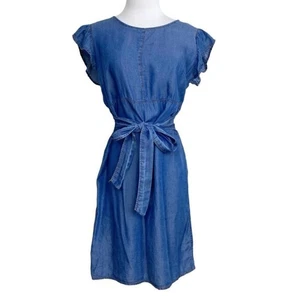 NEW COLLECTION MADE IN ITALY BLUE DENIM RUFFLE CAP SLEEVE WAIST TIE MINI DRESS - Picture 1 of 8