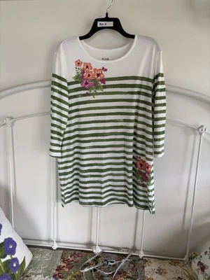 Blair 女式 3/4 长度秋绿色条纹花卉衬衫上衣,尺寸 L — 第 1/4 张图片