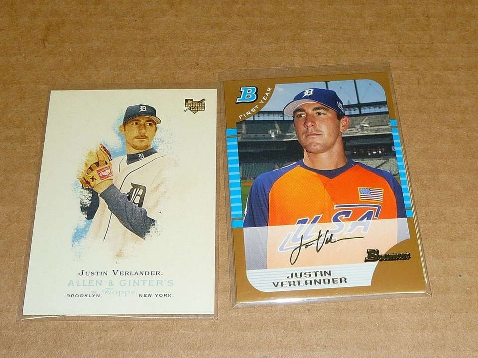 Bowman Draft Pick 2005 dorado + Topps Allen Ginter Justin Verlander RC lote de 2 Foto 1 de 1