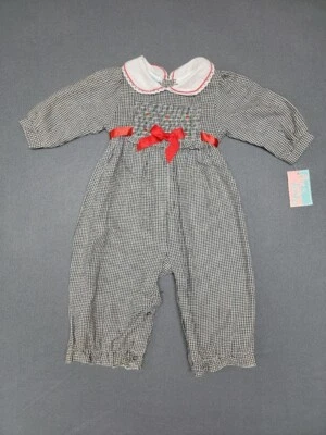 NWT~VINTAGE~FINE & DANDY Girls 6-9M Smocked Black & White Houndstooth Romper - Image 1 of 4