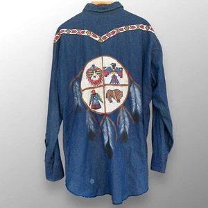 VTG Wrangler Brushpopper Pearl Snap Denim Shirt Sz 20x36 Western Indian Painted - Picture 1 of 12
