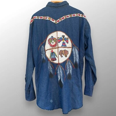 VTG Wrangler Brushpopper Pearl Snap Denim Shirt Sz 20x36 Western Indian Painted - Image 1 of 4