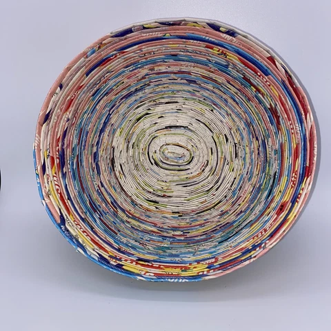 Vintage Recycled Magazine Basket Bowl Colorful 8.5” X 2.25” Beautiful Handmade Cover