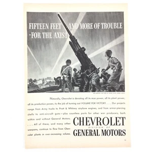 Chevrolet GM 1943 anuncio impreso vintage Segunda Guerra Mundial pistola antiaérea soldados luchando - Imagen 1 de 2
