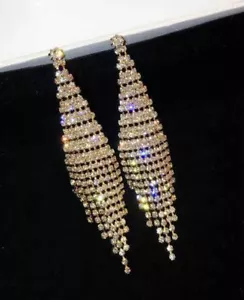 18K GOLD PLATED AUSTRIAN CRYSTAL TASSEL DANGLE STATEMENT CLIP-ON EARRINGS - Picture 1 of 1