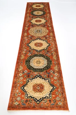12 ft Hallway mamluk Runner Rug Afghan Hand Knotted veg Dye Wool Bedroom Rug - Image 1 of 4