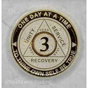 3 Year Alcoholics Anonymous Medallion White Gold Plated AA Sobriety Chip Coin