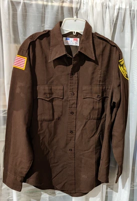 Vintage Brown Sheriff's Dept Flying Cross Shirt sz 16 men's American flag patch - Image 1 of 4