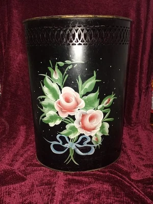 Cesta de basura de metal Toleware de colección pintada a mano negra con rosas ~13" de alto Foto 1 de 4