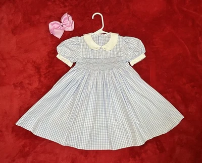 Petit Ami Smocked Dress Bow Lot Set Blue Gingham Pink Church Portrait Girl Sz 4 - Image 1 of 4
