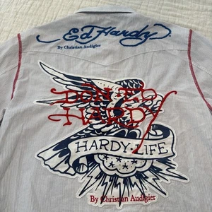 Camicia denim Ed Hardy Christian Audigier L con polsino a scatto ricamato a scatto e perle Y2K - Foto 1 di 10
