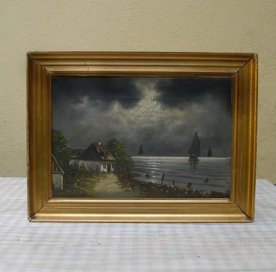 Moonlight on the Shore with Sailing Boats. Ca. 1880. - Image 1 of 4