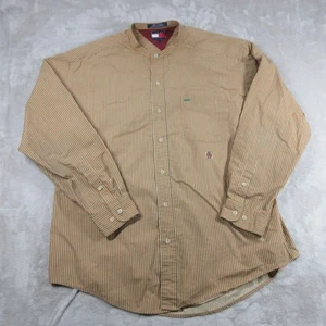 Vintage Tommy Hilfiger Shirt Large Striped Yellow Collarless Cowboy Western - Picture 1 of 7
