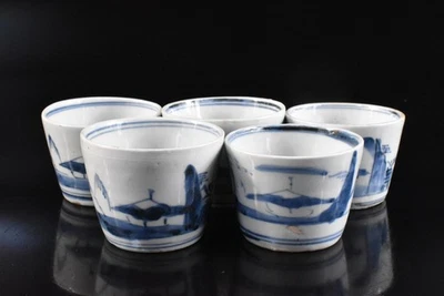 F5946: Japanese Old Imari-ware Blue&White Landscape Muffle SOBA CUP Bundle sale - Image 1 of 4
