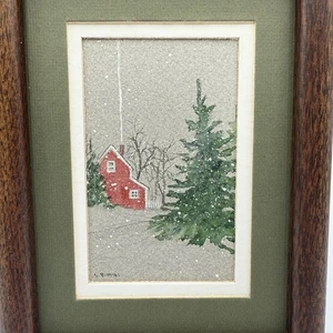 SALLY BIONDI Original Aquarell GEMÄLDE Rotes Haus im Winter Schnee gerahmt - Bild 1 von 5