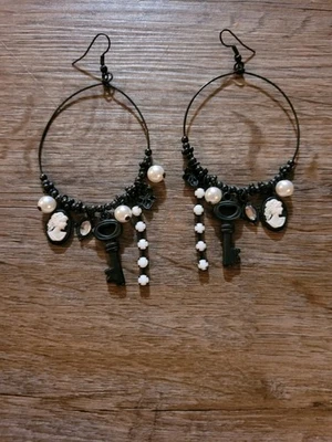 Dangle Hoop Hook Earrings Key Faux Pearl Cameo Flower Charms Dangle Drop Women's - Image 1 of 4