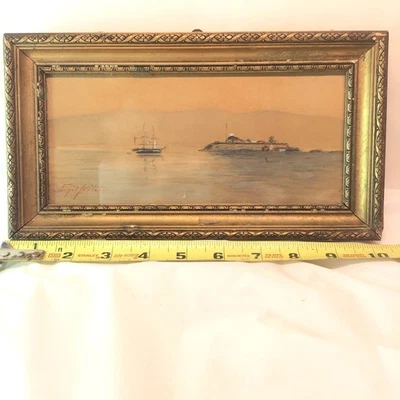 CALIFORNIA Antique Original Watercolor ALCATRAZ Painting Coastal Seascape Signed - Image 1 of 4