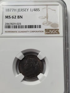 Jersey 1877H 1/48 Of A Shilling NGC MS62BN Mint Lustre Video - Picture 1 of 8