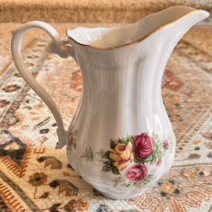 Vintage Walbrzych Rose Garden Pitcher Poland Red Yellow Flowers Gold Trim - Picture 1 of 12