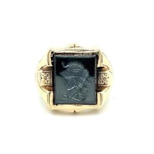 Hematite Roman Soldier Intaglio Ring REAL Solid 10k Yellow Gold 9.7g Size 8.75