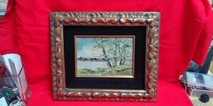 Vintage Original Art Oil Painting Waterscape Signed F Hurtig Gold Frame - Imagen 1 de 4