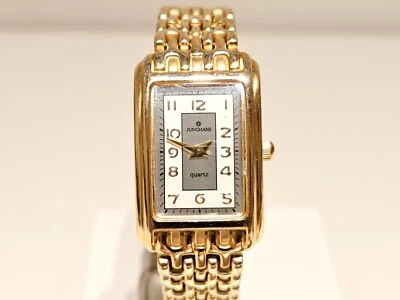 VINTAGE LUXURY RECTANGLE TANK GOLD PLATED LADIES QUARTZ WATCH BRACELET"JUNGHANS" - Image 1 of 4