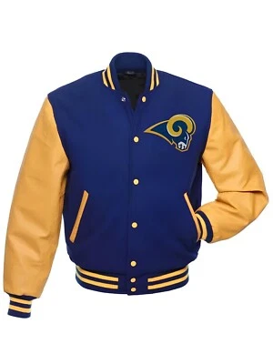 Chaqueta Universitaria de Cuero Dorado Cuerpo Azul Real de Los Angeles Rams Foto 1 de 4