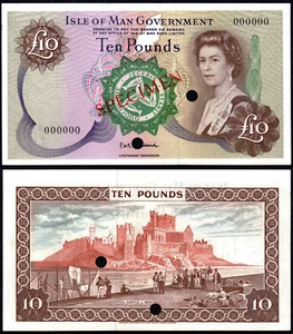 ISLE OF MAN 10 POUNDS STALLARD (P31as) QEII SPECIMEN 000000 UNC - Bild 1 von 1