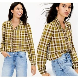Ann Taylor LOFT Plaid Ruffle Trim Shirt XS - Picture 1 of 4
