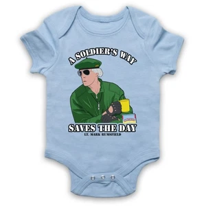 THE 'BURBS A SOLDIER'S WAY SAVES THE DAY MARK RUNSFIELD BABY GROW BABYGROW GIFT - Picture 1 of 10