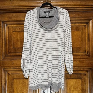 Ali Miles Pullover Damen XL gestreift Wasserfallausschnitt Knopfleiste Ärmel Lagenlook Komfort - Bild 1 von 10